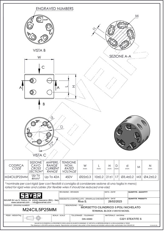 Terminal block five ways Ø25mm - Terminal blocks