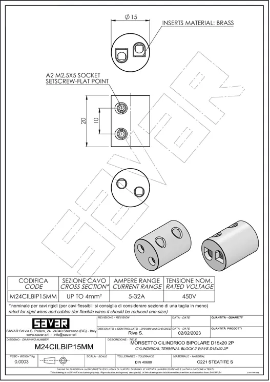 Terminal block two ways Ø15mm - Terminal blocks