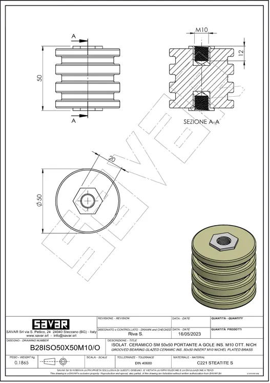 Ceramic post insulator M10 nichel plated brass - Terminal blocks