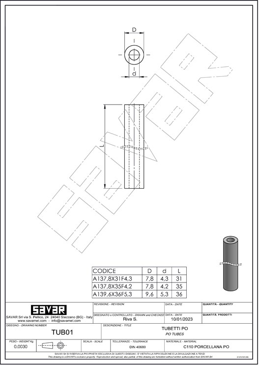 Ceramic tube insulator - Parts for industrial ovens