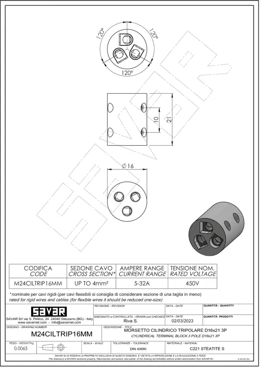 Bloque terminal de tres vías Ø16mm - Abrazaderas