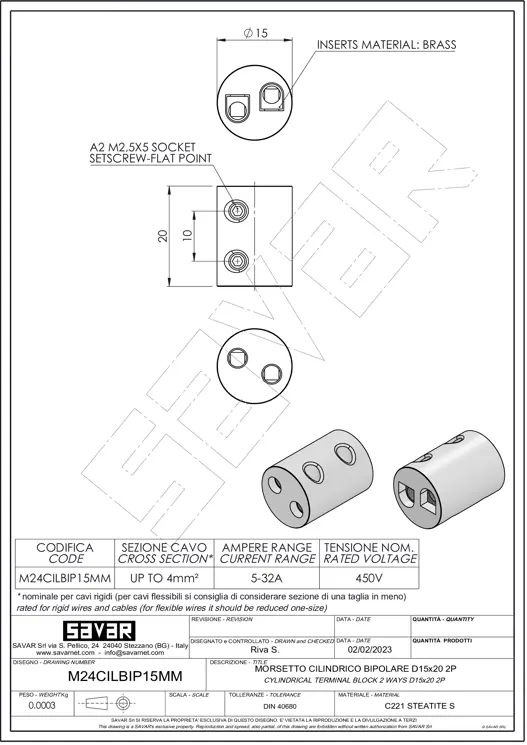 Bloque de terminales bidireccional Ø15mm - Abrazaderas