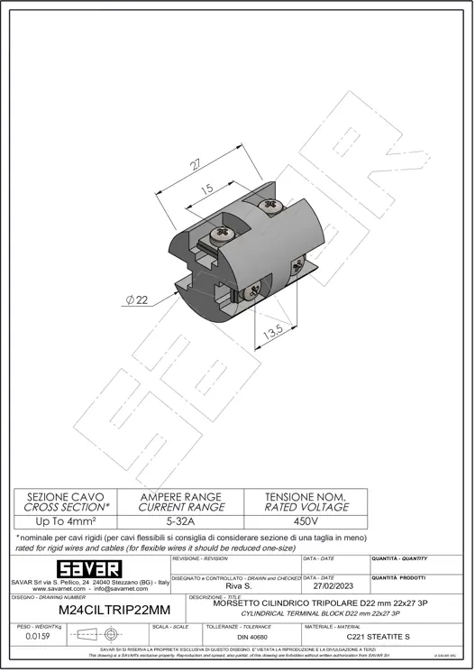 Bloc terminal à trois voies Ø22mm - Pinces