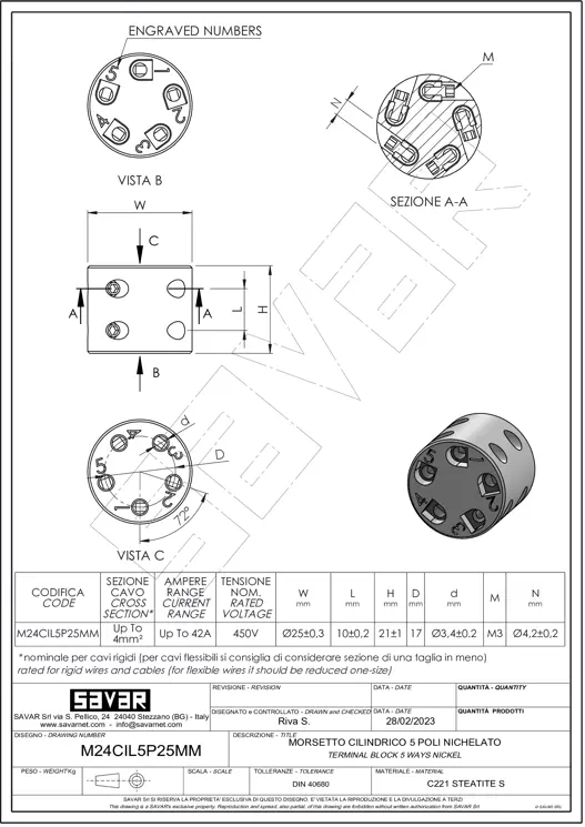 Bloc terminal à cinq voies Ø25mm - Pinces