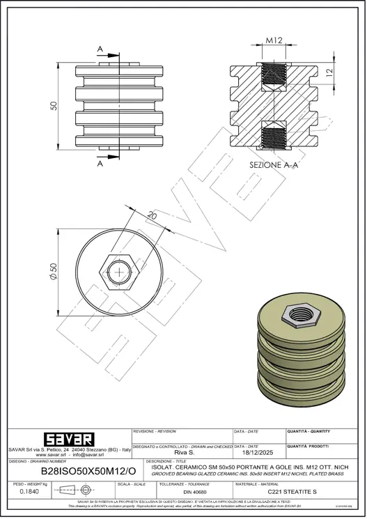 Isolatore ceramico portante M12 inserti ottone nichelato - Morsetti